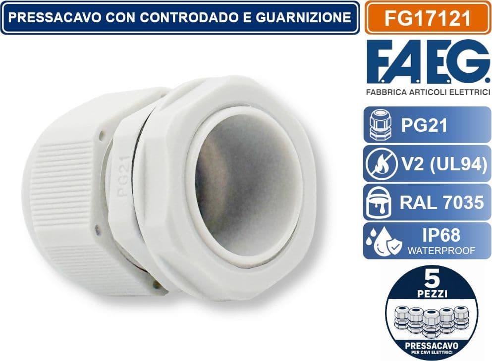 CONFEZIONE 5 PEZZI FAEG FG17121 PRESSACAVO IN NYLON PASSO PG21 GRIGIO RAL 7035 IP68 - 3