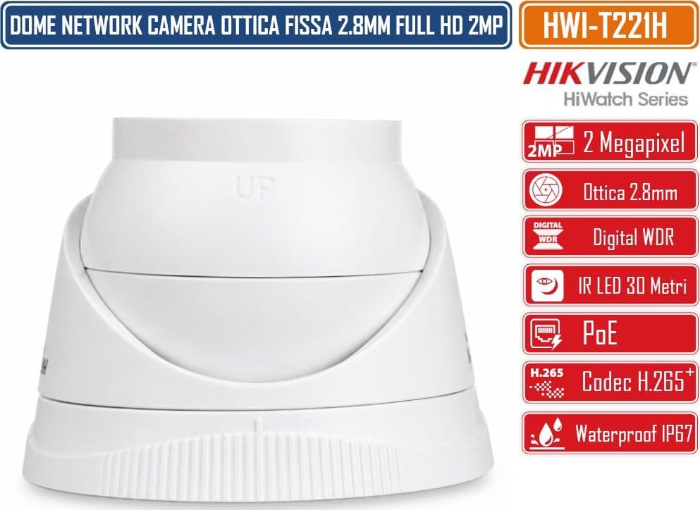 HIKVISION HWI-T221H HIWATCH TELECAMERA DOME IP 2 MP FULL HD 1080P OTTICA 2.8 MM IR 30 M H.265+ POE IP67 - 3