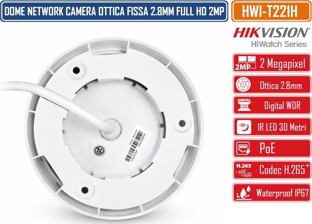 HIKVISION HWI-T221H HIWATCH TELECAMERA DOME IP 2 MP FULL HD 1080P OTTICA 2.8 MM IR 30 M H.265+ POE IP67 - 4