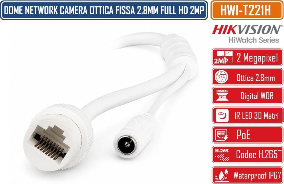 HIKVISION HWI-T221H HIWATCH TELECAMERA DOME IP 2 MP FULL HD 1080P OTTICA 2.8 MM IR 30 M H.265+ POE IP67 - 5