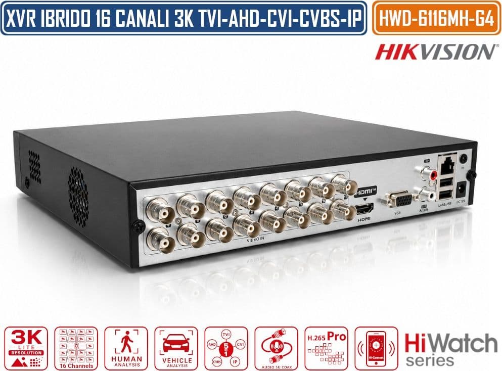HIKVISION HWD-6116MH-G4 DVR 5IN1 AHD CVI TVI CVBS IP 16 CANALI 3K LITE 5 MP RICONOSCIMENTO UMANO E VEICOLI - 3