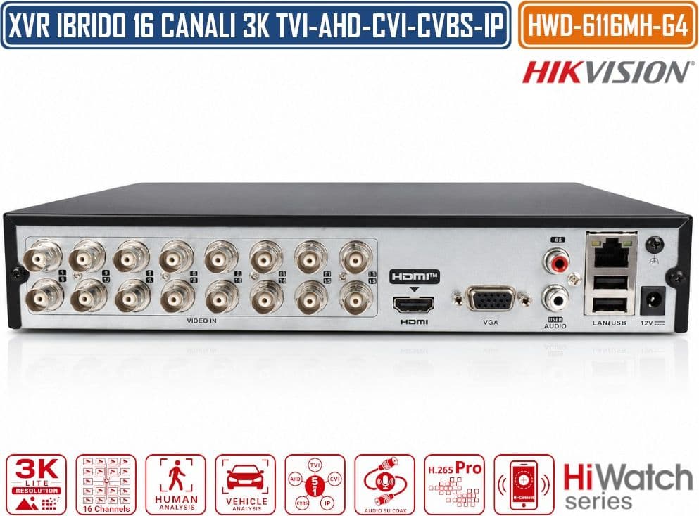 HIKVISION HWD-6116MH-G4 DVR 5IN1 AHD CVI TVI CVBS IP 16 CANALI 3K LITE 5 MP RICONOSCIMENTO UMANO E VEICOLI - 4