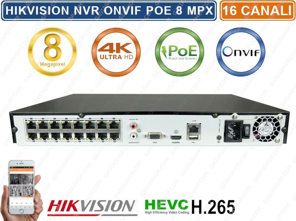 HIKVISION HWN-4216MH-16P NVR 4K ULTRA HD 8 MP 16 CH CANALI ONVIF POE H265+ P2P - 2