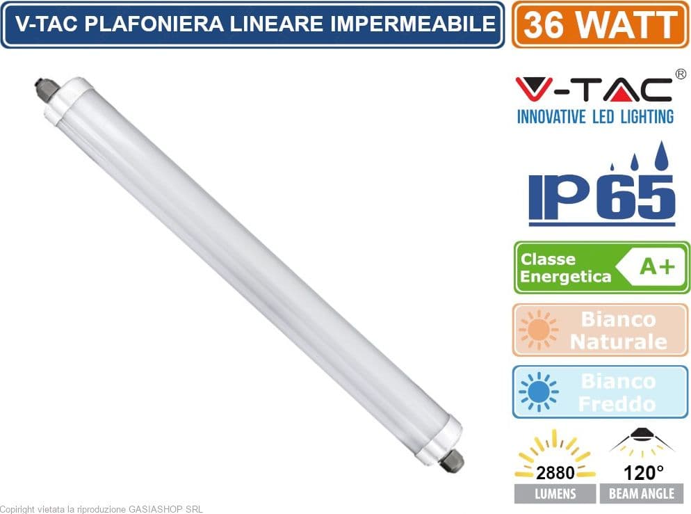 V-TAC VT-1249 TUBO LED PLAFONIERA 36W LAMPADINA 120CM IMPERMEABILE - SKU 216285 / 216284 - 3