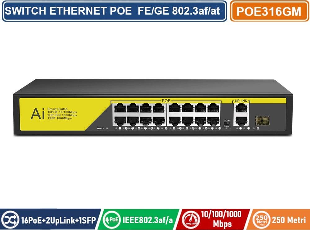 SWITCH POE ETHERNET 16 PORTE POE + 2 PORTE RJ45 10/100/1000 MBPS + 1 SFP IEEE 802.3AF / AT - 2
