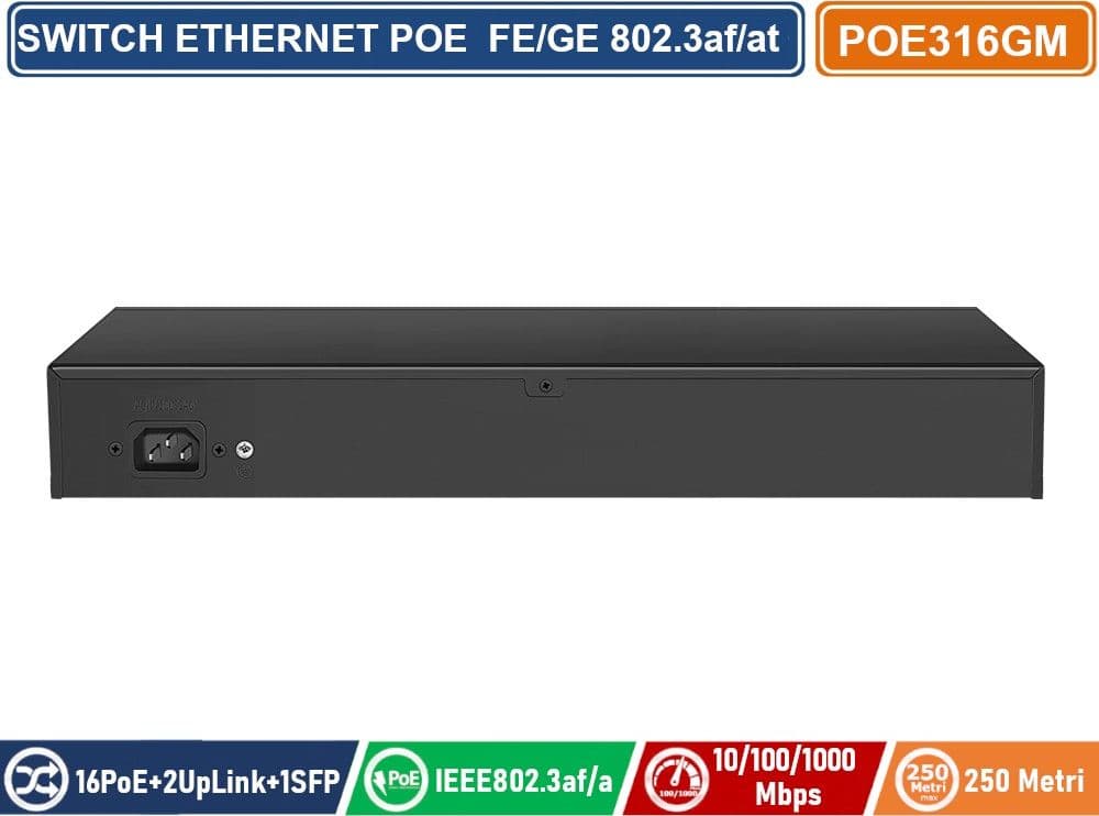 SWITCH POE ETHERNET 16 PORTE POE + 2 PORTE RJ45 10/100/1000 MBPS + 1 SFP IEEE 802.3AF / AT - 3