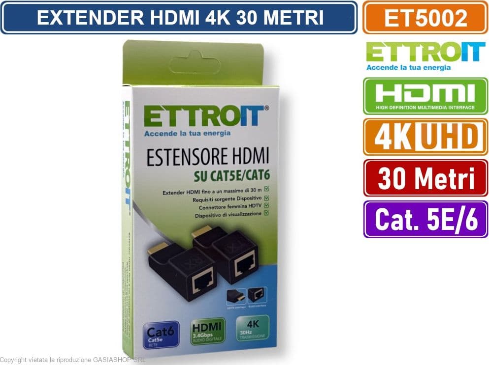 ETTROIT ET5002 EXTENDER ESTENSORE HDMI SU CAVO LAN CAT 5E CAT6 ULTRA HD 4K FINO A 30 METRI - 5