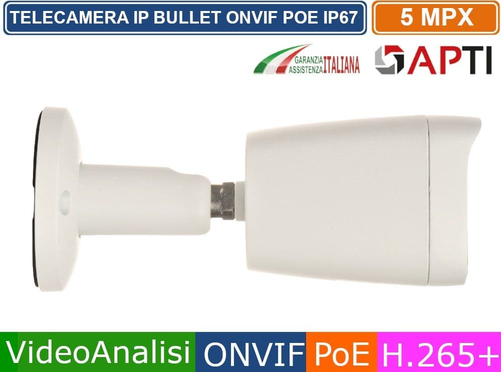 TELECAMERA BULLET NETWORK IP FOCALE 2.8 5MP MEGAPIXEL ONVIF POE ANALISI INTELLIGENTE H.265+ IP67 - 2