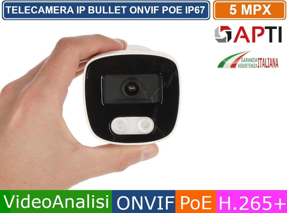 TELECAMERA BULLET NETWORK IP FOCALE 2.8 5MP MEGAPIXEL ONVIF POE ANALISI INTELLIGENTE H.265+ IP67 - 3