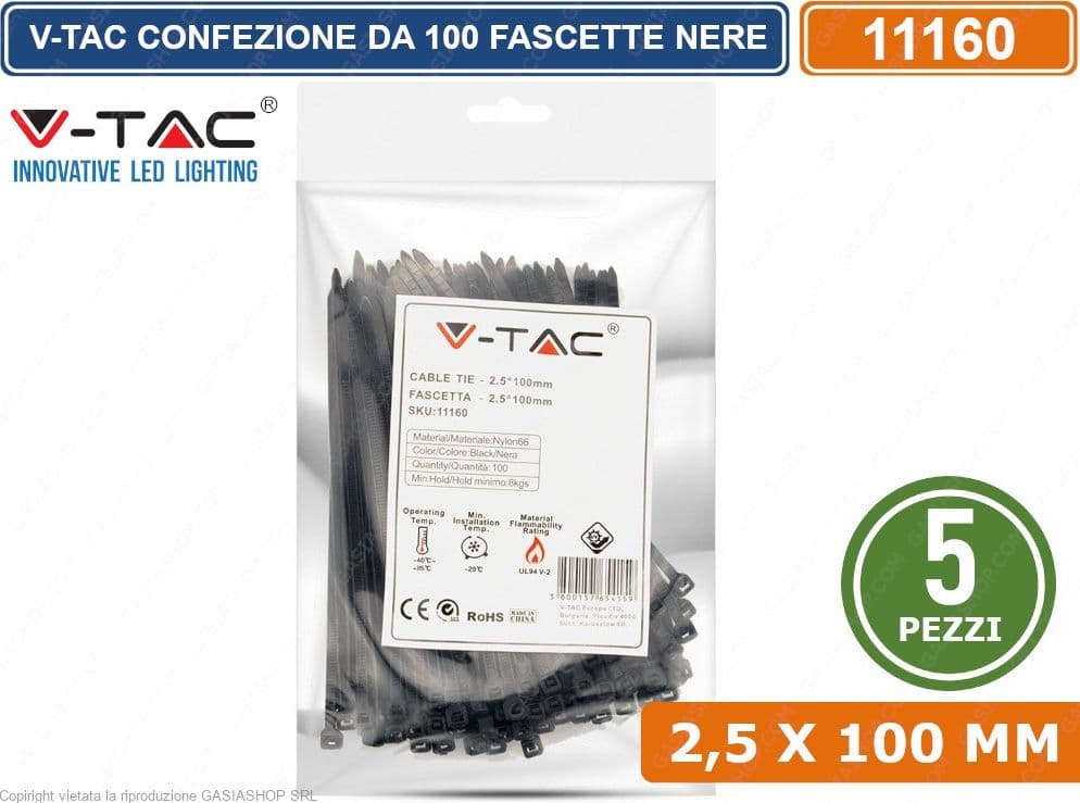 V-TAC CONFEZIONE DA 500 FASCETTE STRINGICAVO AUTOBLOCCANTI IN NYLON NERO 2,5 X 100 MM - SKU 11160 - 3