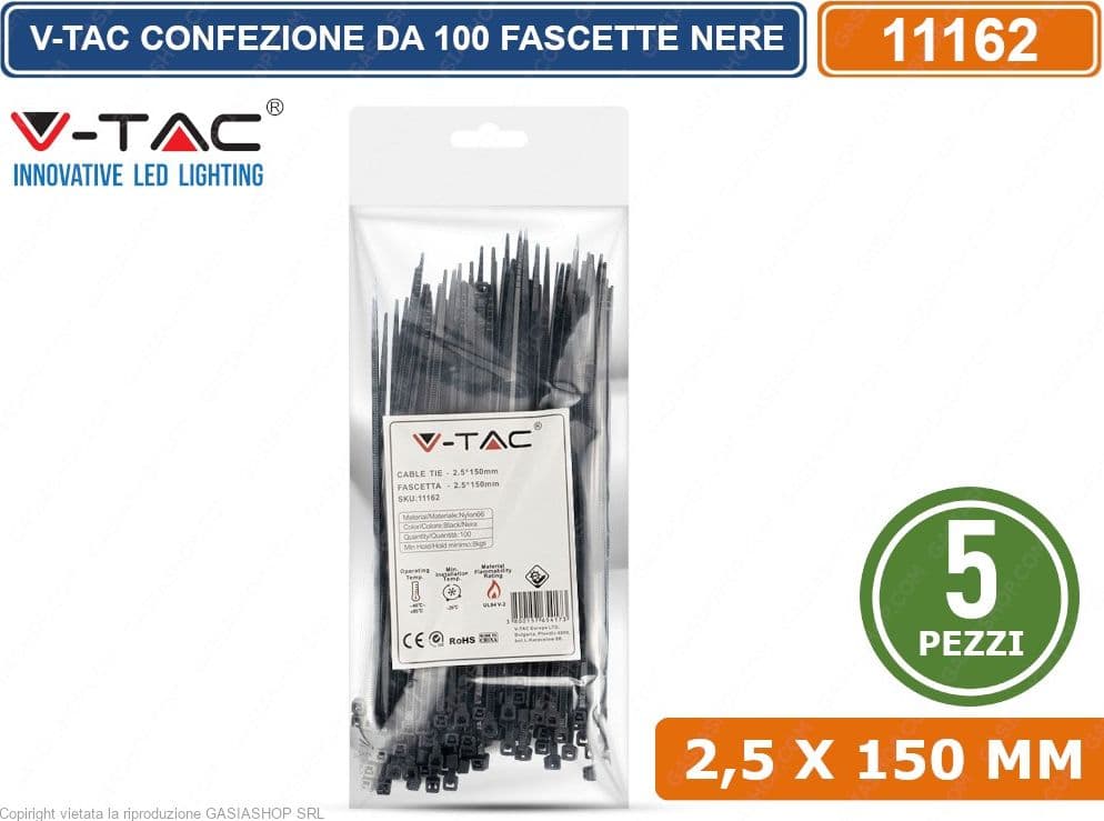 V-TAC CONFEZIONE DA 500 FASCETTE STRINGICAVO AUTOBLOCCANTI IN NYLON NERO 2,5 X 150 MM - SKU 11162 - 3