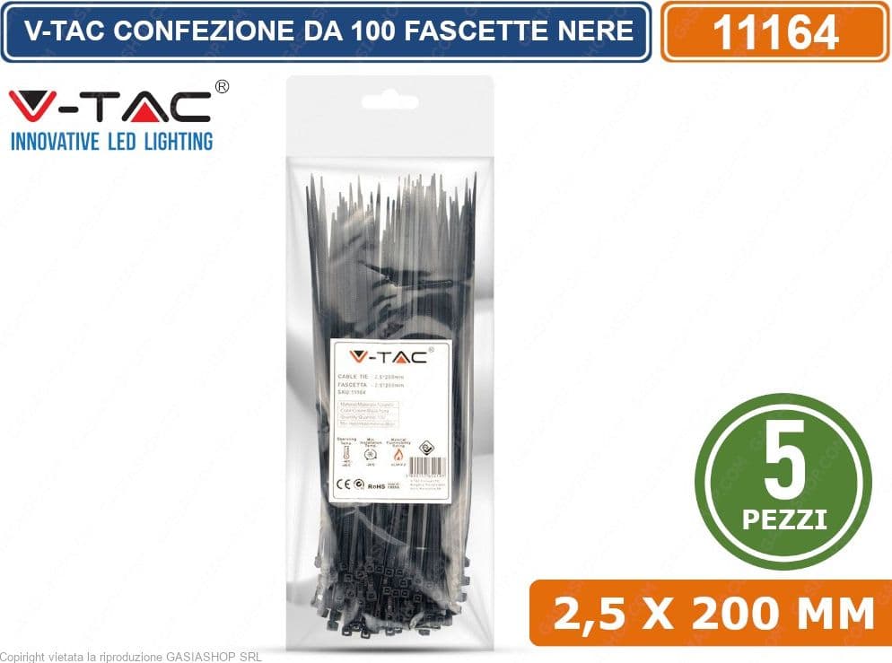 V-TAC CONFEZIONE DA 500 FASCETTE STRINGICAVO AUTOBLOCCANTI IN NYLON NERO 2,5 X 200 MM - SKU 11164 - 3