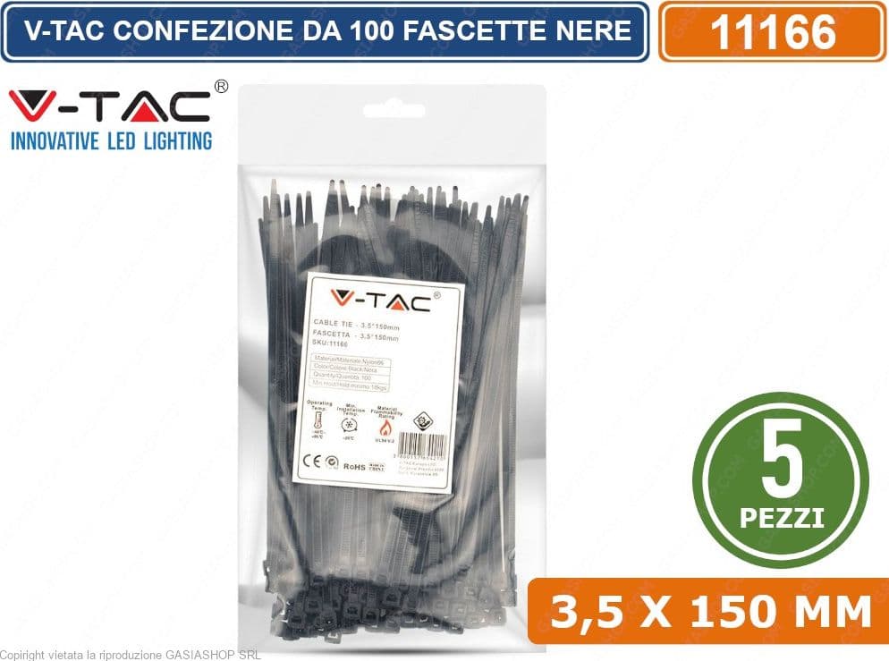 V-TAC CONFEZIONE DA 500 FASCETTE STRINGICAVO AUTOBLOCCANTI IN NYLON NERO 3,5 X 150 MM - SKU 11166 - 3