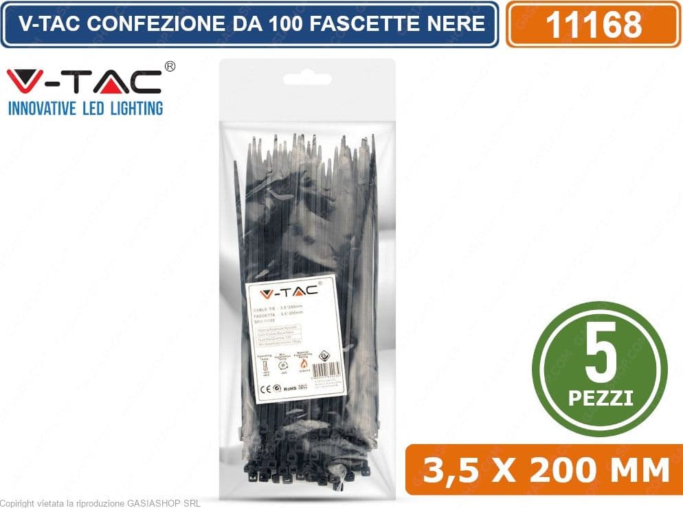 V-TAC CONFEZIONE DA 500 FASCETTE STRINGICAVO AUTOBLOCCANTI IN NYLON NERO 3,5 X 200 MM - SKU 11168 - 3