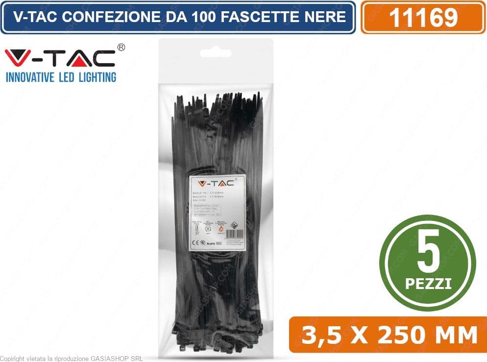 V-TAC CONFEZIONE DA 500 FASCETTE STRINGICAVO AUTOBLOCCANTI IN NYLON NERO 3,5 X 250 MM - SKU 11169 - 3