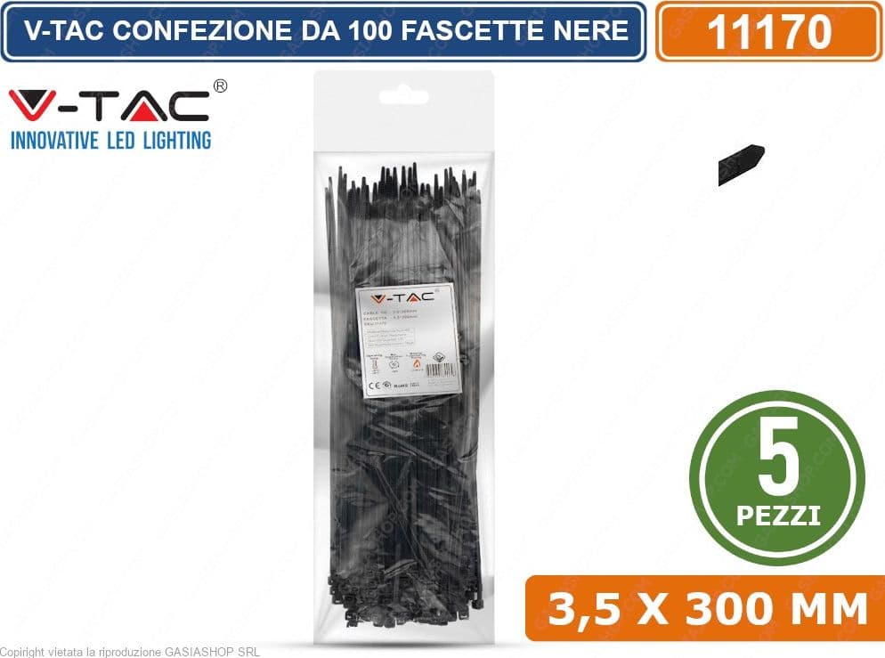 V-TAC CONFEZIONE DA 500 FASCETTE STRINGICAVO AUTOBLOCCANTI IN NYLON NERO 3,5 X 300 MM - SKU 11170 - 3