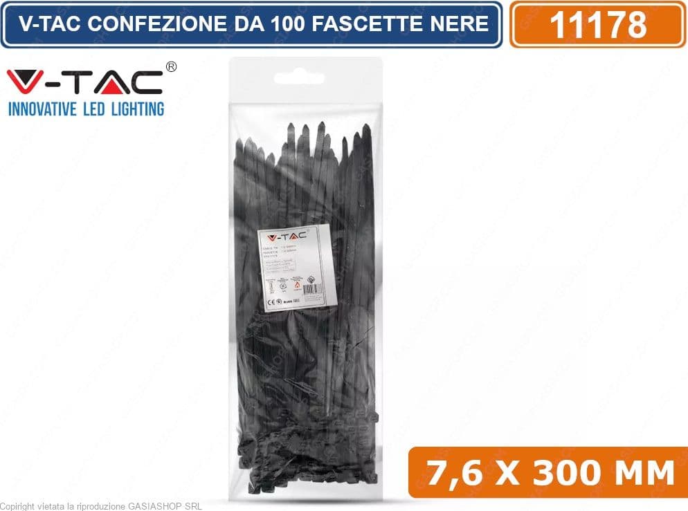 V-TAC CONFEZIONE DA 100 FASCETTE STRINGICAVO AUTOBLOCCANTI IN NYLON NERO 7,6 X 300 MM - SKU 11178 - 3