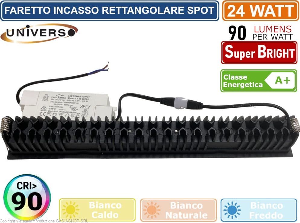 FARETTO INCASSO RETTANGOLARE SPOT COB LED 24W DA INCASSO CRI >90 2200 LUMEN UGR<19 - 2