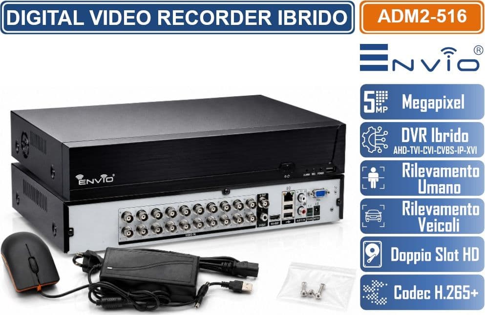 XVR DVR 6IN1 ENVIO 16 CANALI 5MP AHD CVI TVI CVBS XVI IP CON HUMAN DETECTION VIDEOANALISI H.265+ DOPPIO SLOT HD