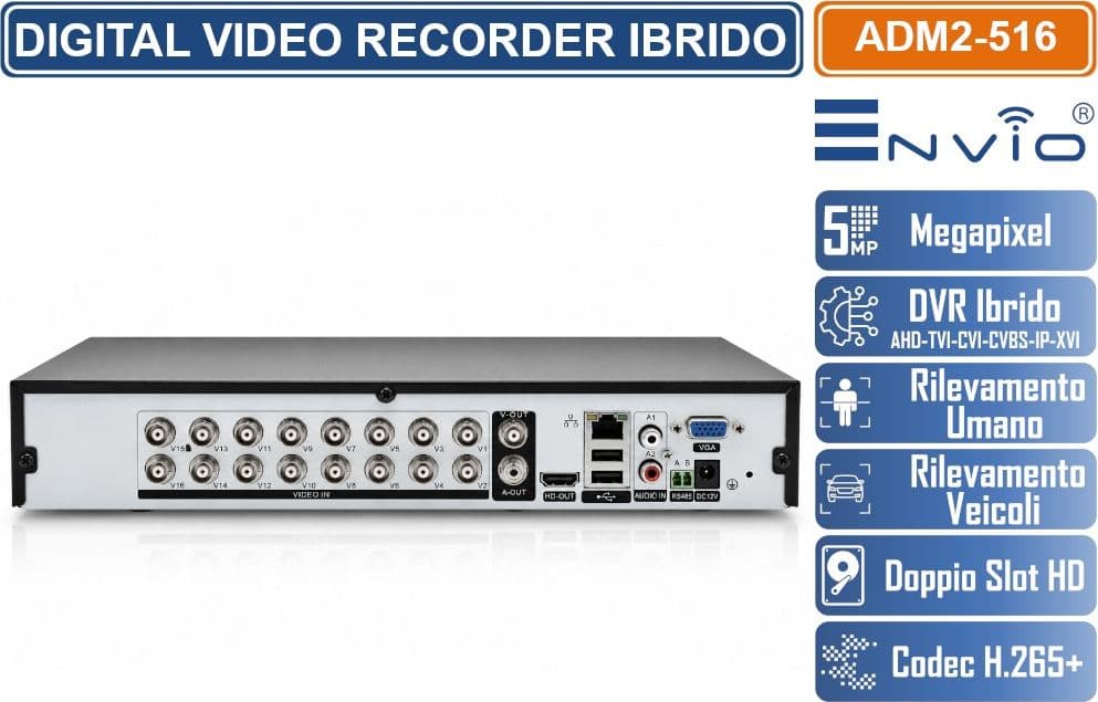 XVR DVR 6IN1 ENVIO 16 CANALI 5MP AHD CVI TVI CVBS XVI IP CON HUMAN DETECTION VIDEOANALISI H.265+ DOPPIO SLOT HD - 4