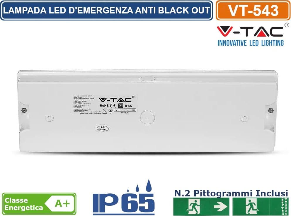 V-TAC VT-543 LAMPADA LED D'EMERGENZA ANTI BLACK OUT GRADO PROTEZIONE IP65 - SKU 83111 - 5