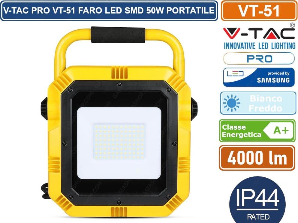 V-TAC PRO VT-51 FARO LED SMD 50W PORTATILE CON STAFFA E CAVO DI ALIMENTAZIONE SCHUKO 6400K - 2