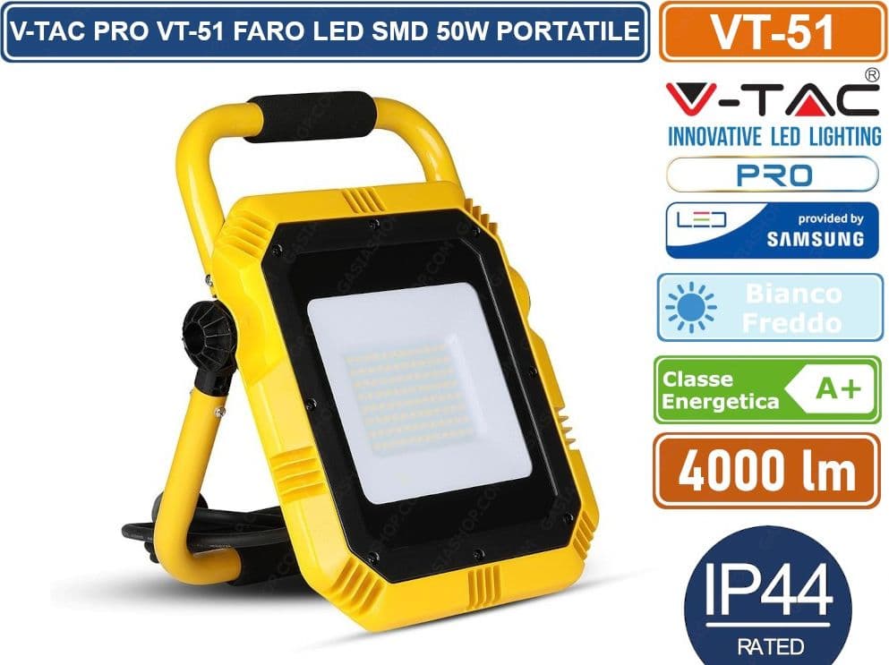 V-TAC PRO VT-51 FARO LED SMD 50W PORTATILE CON STAFFA E CAVO DI ALIMENTAZIONE SCHUKO 6400K - 3