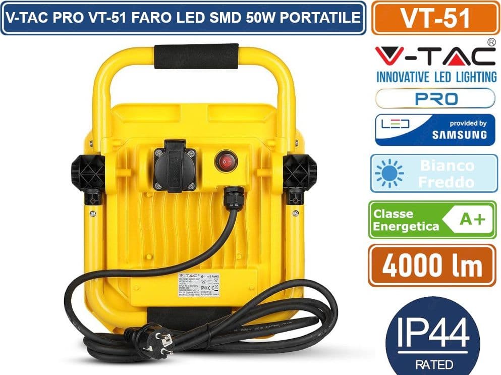 V-TAC PRO VT-51 FARO LED SMD 50W PORTATILE CON STAFFA E CAVO DI ALIMENTAZIONE SCHUKO 6400K - 4
