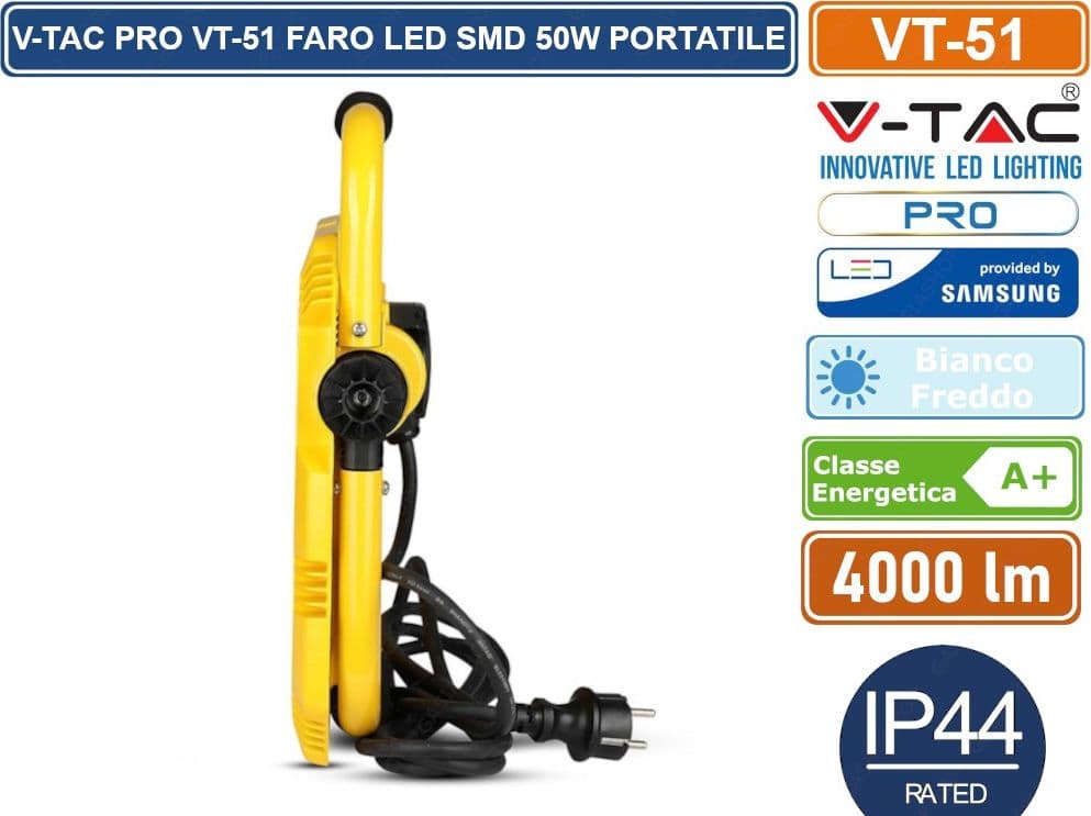 V-TAC PRO VT-51 FARO LED SMD 50W PORTATILE CON STAFFA E CAVO DI ALIMENTAZIONE SCHUKO 6400K - 5