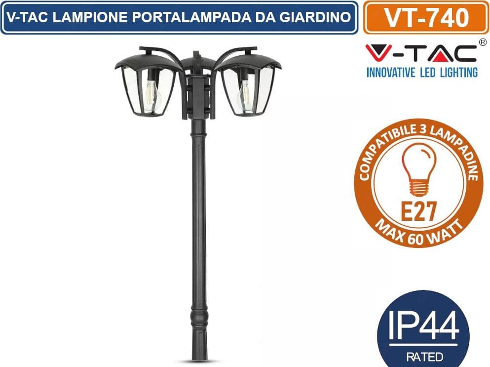 V-TAC VT-740 LAMPIONE PORTALAMPADA DA GIARDINO 199CM CON FISSAGGIO A TERRA PER 3 LAMPADINE E27 - SKU 7063 - 2