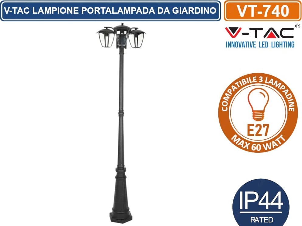 V-TAC VT-740 LAMPIONE PORTALAMPADA DA GIARDINO 199CM CON FISSAGGIO A TERRA PER 3 LAMPADINE E27 - SKU 7063 - 3
