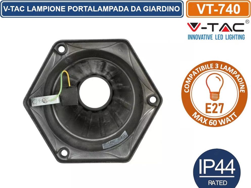 V-TAC VT-740 LAMPIONE PORTALAMPADA DA GIARDINO 199CM CON FISSAGGIO A TERRA PER 3 LAMPADINE E27 - SKU 7063 - 4
