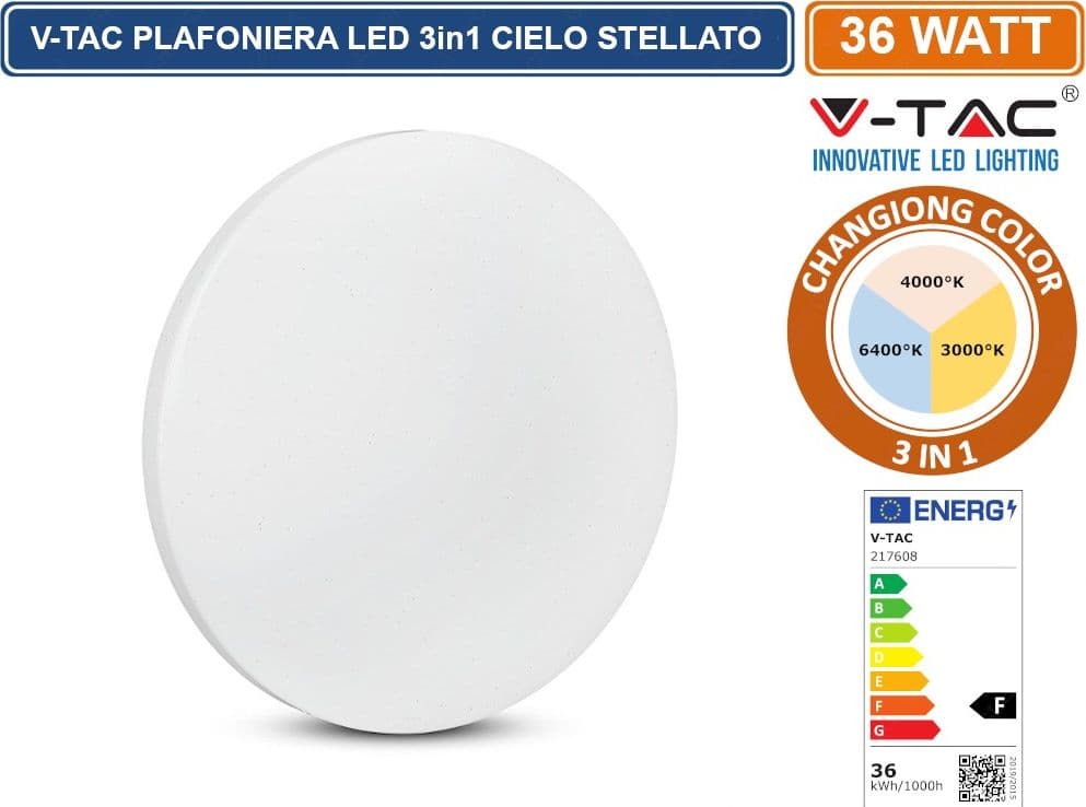 V-TAC VT-8436 PLAFONIERA LED 36W CHANGING COLOR 3IN1 FORMA CIRCOLARE EFFETTO CIELO STELLATO - SKU 217608 - 2