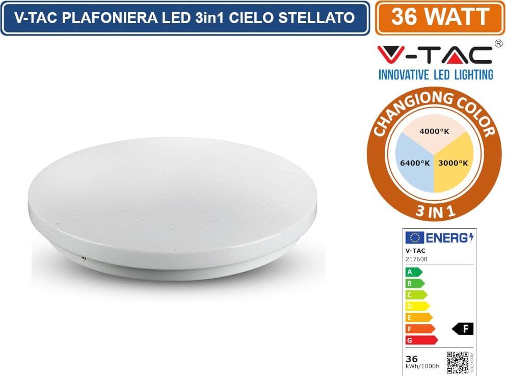 V-TAC VT-8436 PLAFONIERA LED 36W CHANGING COLOR 3IN1 FORMA CIRCOLARE EFFETTO CIELO STELLATO - SKU 217608 - 3