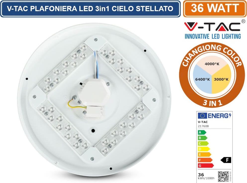 V-TAC VT-8436 PLAFONIERA LED 36W CHANGING COLOR 3IN1 FORMA CIRCOLARE EFFETTO CIELO STELLATO - SKU 217608 - 5