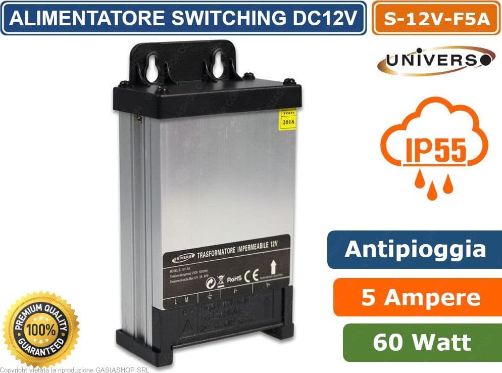 ALIMENTATORE ANTIPIOGGIA IMPERMEABILE 60W 12V IP55 5 AMPERE A 1 USCITA CON MORSETTI A VITE - 3