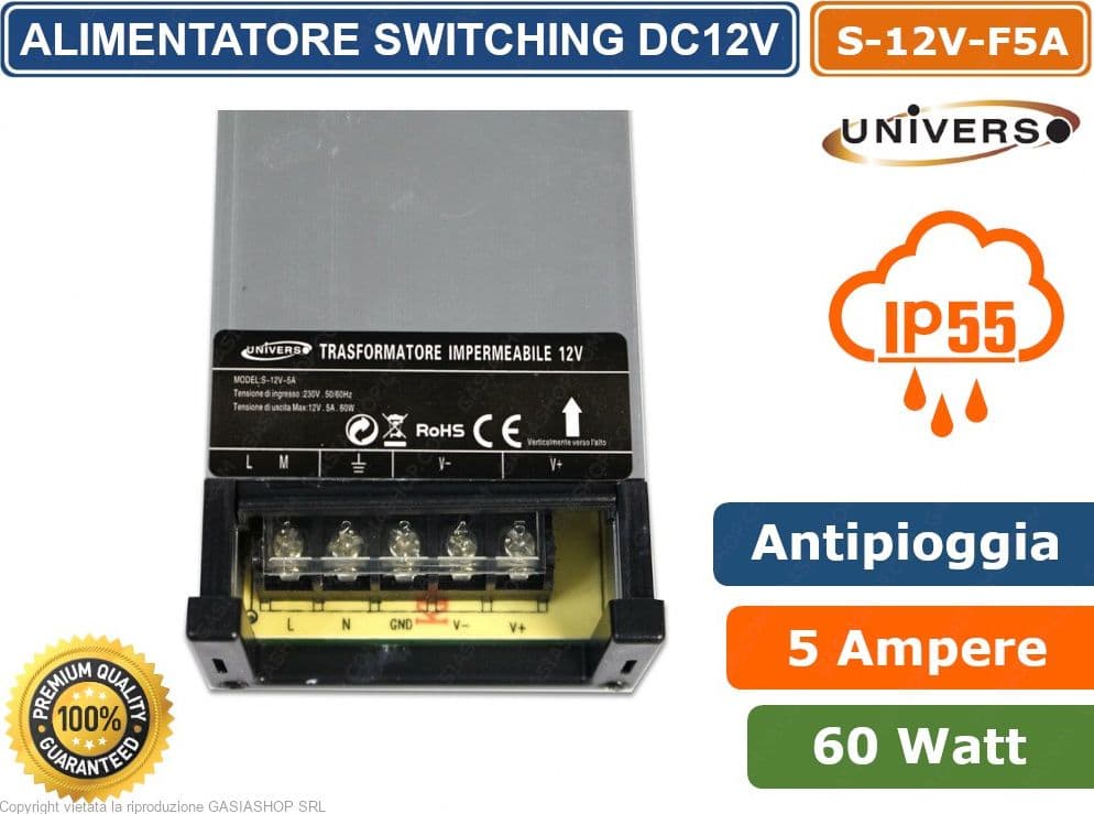 ALIMENTATORE ANTIPIOGGIA IMPERMEABILE 60W 12V IP55 5 AMPERE A 1 USCITA CON MORSETTI A VITE - 2