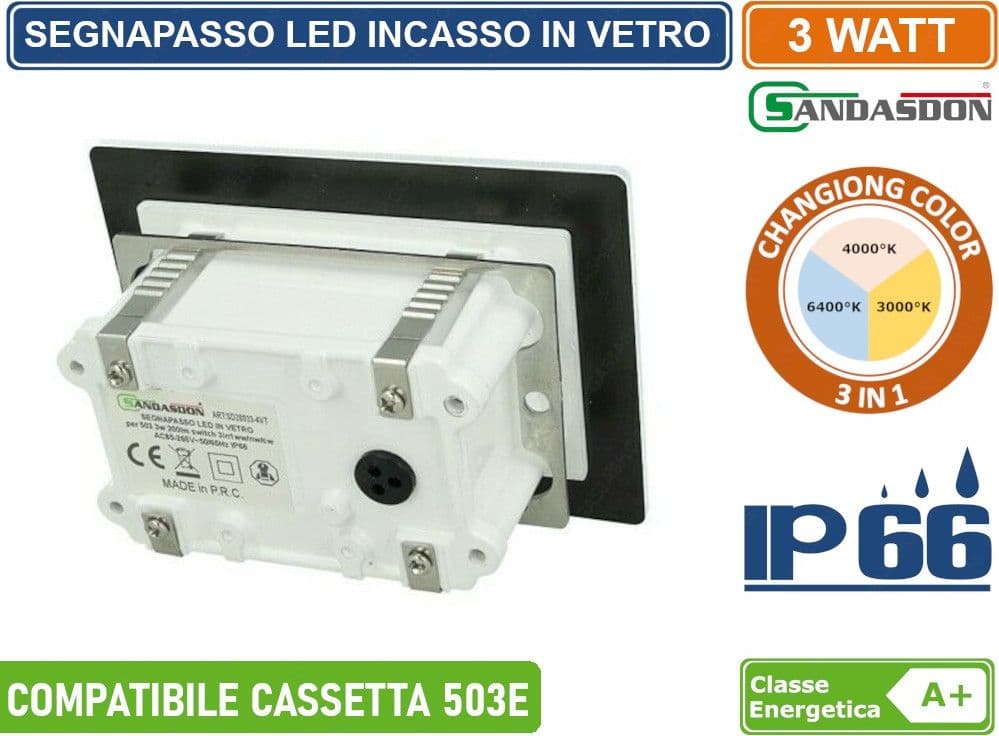 PUNTO LUCE SEGNAPASSO LED RETTANGOLARE IN VETRO MONTAGGIO A INCASSO 503E 3W DA ESTERNO IP66 - 2