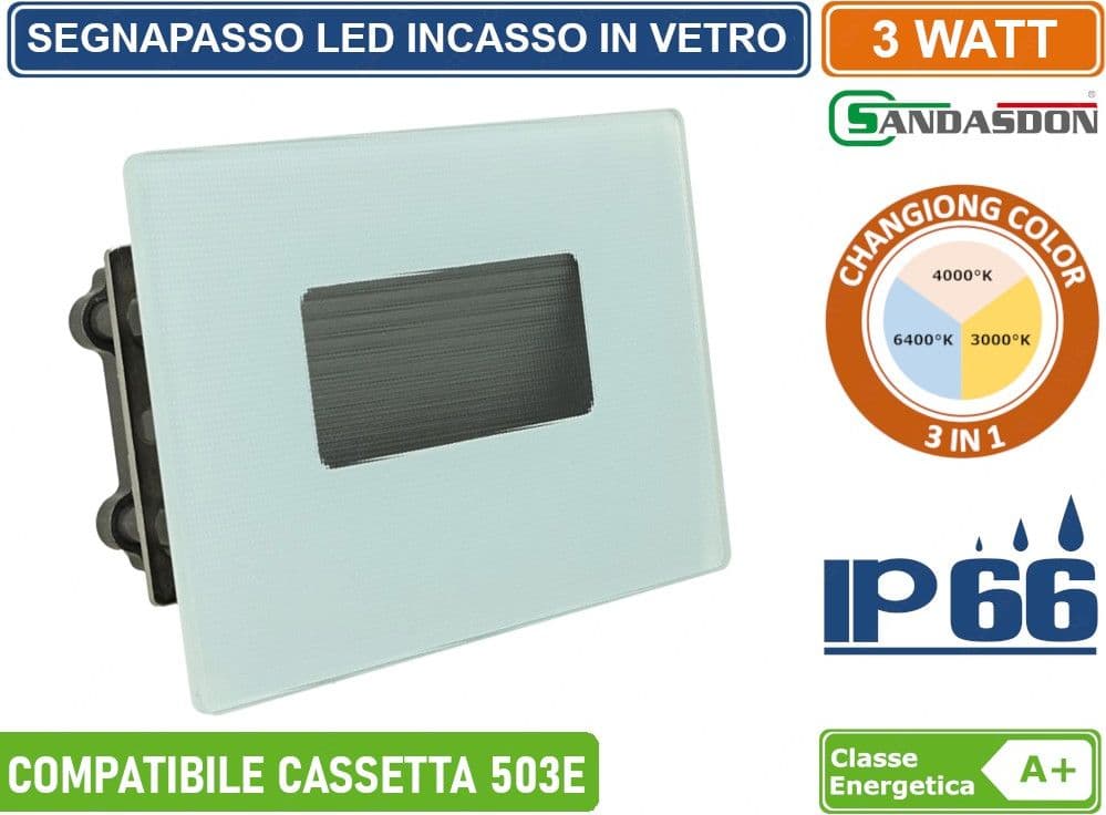 PUNTO LUCE SEGNAPASSO LED RETTANGOLARE IN VETRO OPACIO MONTAGGIO A INCASSO 503E 3W DA ESTERNO IP66