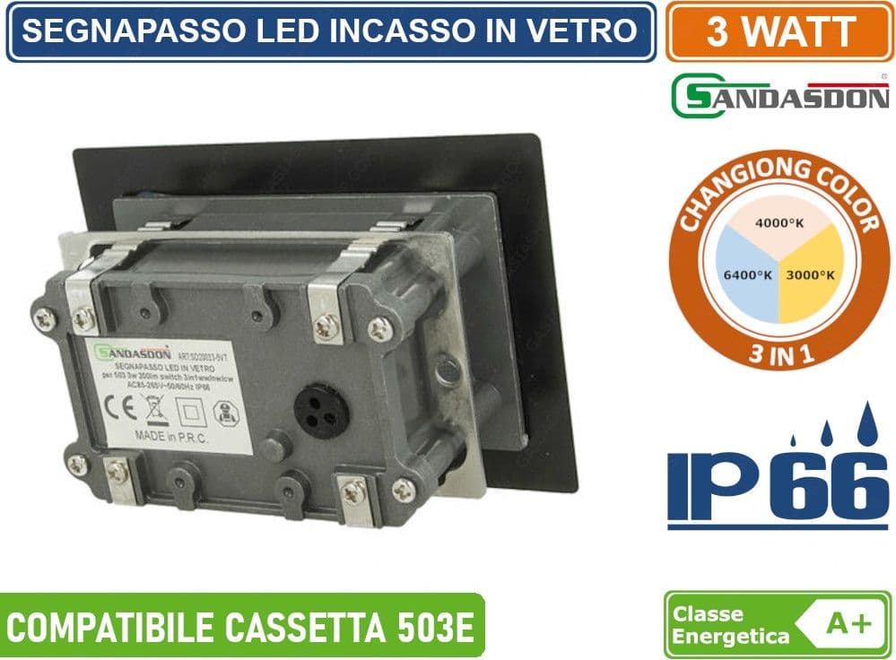 PUNTO LUCE SEGNAPASSO LED RETTANGOLARE IN VETRO NERO MONTAGGIO A INCASSO 503E 3W DA ESTERNO IP66 - 2