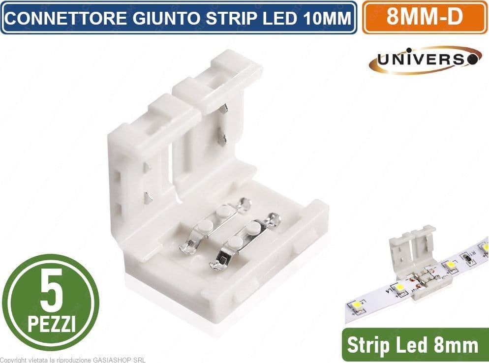 CONFEZIONE 5 PEZZI GIUNTO CONNETTORE PER STRISCIA STRIP LED MONOCOLORE 2 PIN 8MM SPINOTTO 12V/24V SMD - 5