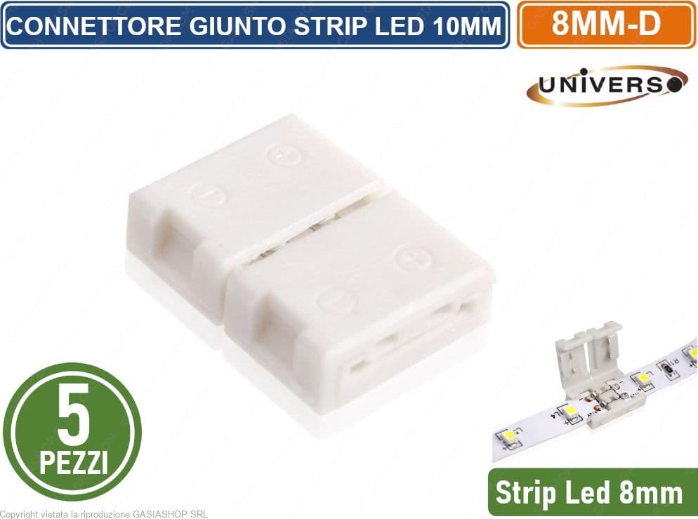 CONFEZIONE 5 PEZZI GIUNTO CONNETTORE PER STRISCIA STRIP LED MONOCOLORE 2 PIN 8MM SPINOTTO 12V/24V SMD - 2