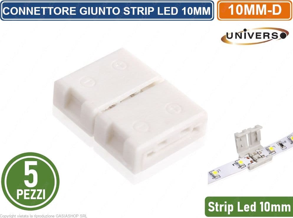 CONFEZIONE 5 PEZZI GIUNTO CONNETTORE PER STRISCIA STRIP LED MONOCOLORE 2 PIN 10MM SPINOTTO 12V/24V SMD - 2