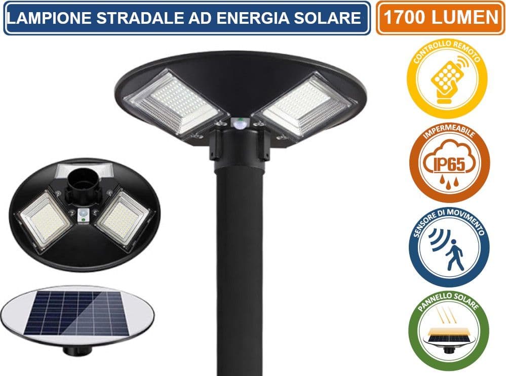 LAMPIONE LED SMD CIRCOLARE CON PANNELLO SOLARE E SENSORE DI MOVIMENTO DA ESTERNO IP65 1700 LUMEN EQUIVALENZA 170W - 2