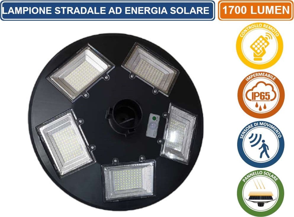 LAMPIONE LED SMD CIRCOLARE CON PANNELLO SOLARE E SENSORE DI MOVIMENTO DA ESTERNO IP65 1700 LUMEN EQUIVALENZA 170W - 3