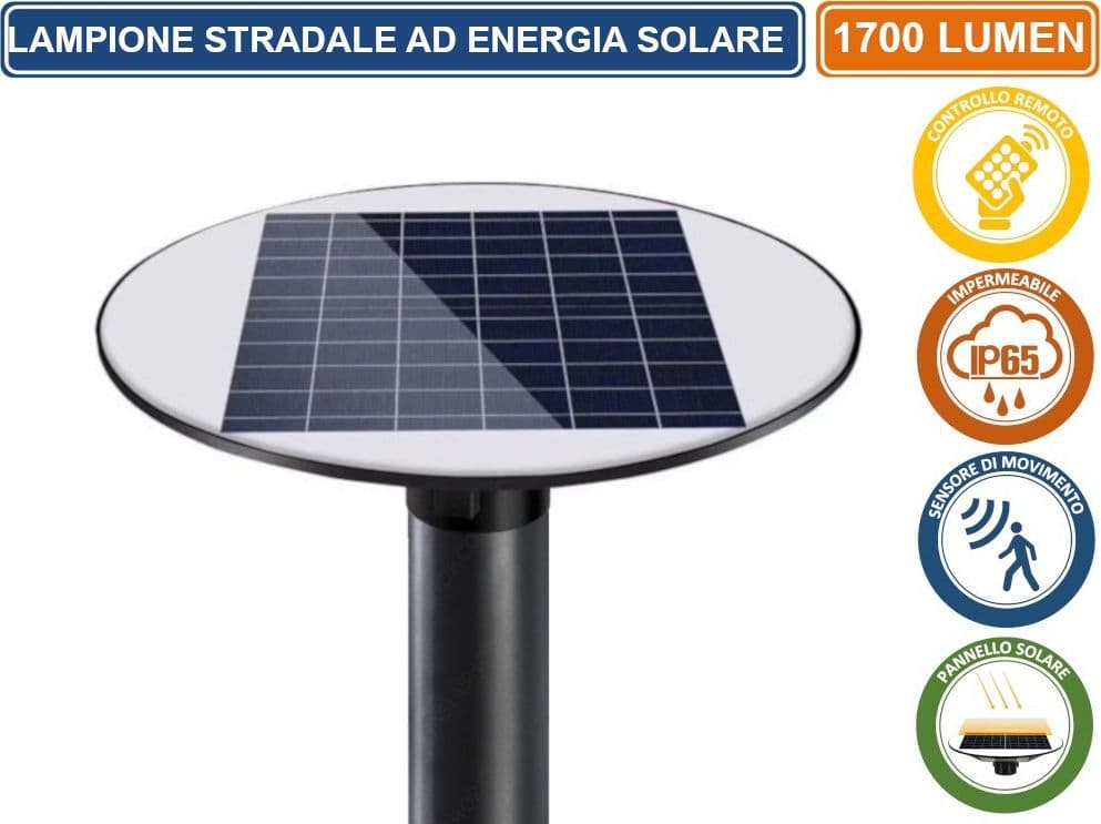 LAMPIONE LED SMD CIRCOLARE CON PANNELLO SOLARE E SENSORE DI MOVIMENTO DA ESTERNO IP65 1700 LUMEN EQUIVALENZA 170W - 4