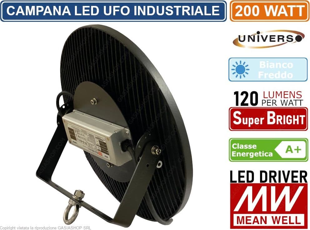 CAMPANA LED UFO LAMPADA INDUSTRIALE 200W DA ESTERNO LED DRIVER MEANWELL IP65 24000 LUMEN - 2