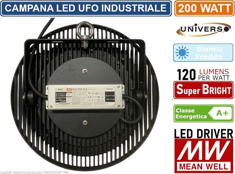 CAMPANA LED UFO LAMPADA INDUSTRIALE 200W DA ESTERNO LED DRIVER MEANWELL IP65 24000 LUMEN - 3