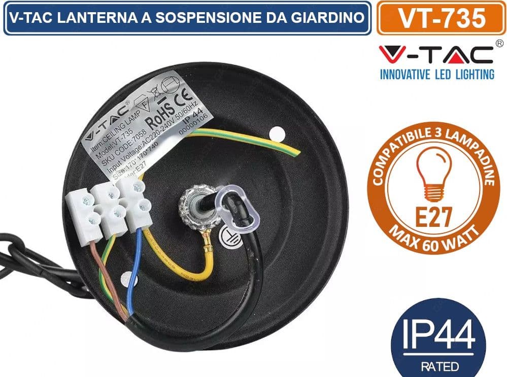 V-TAC VT-735 PORTALAMPADA DA GIARDINO CON ATTACCO A SOFFITTO PER LAMPADINE E27 - SKU 7058 - 3