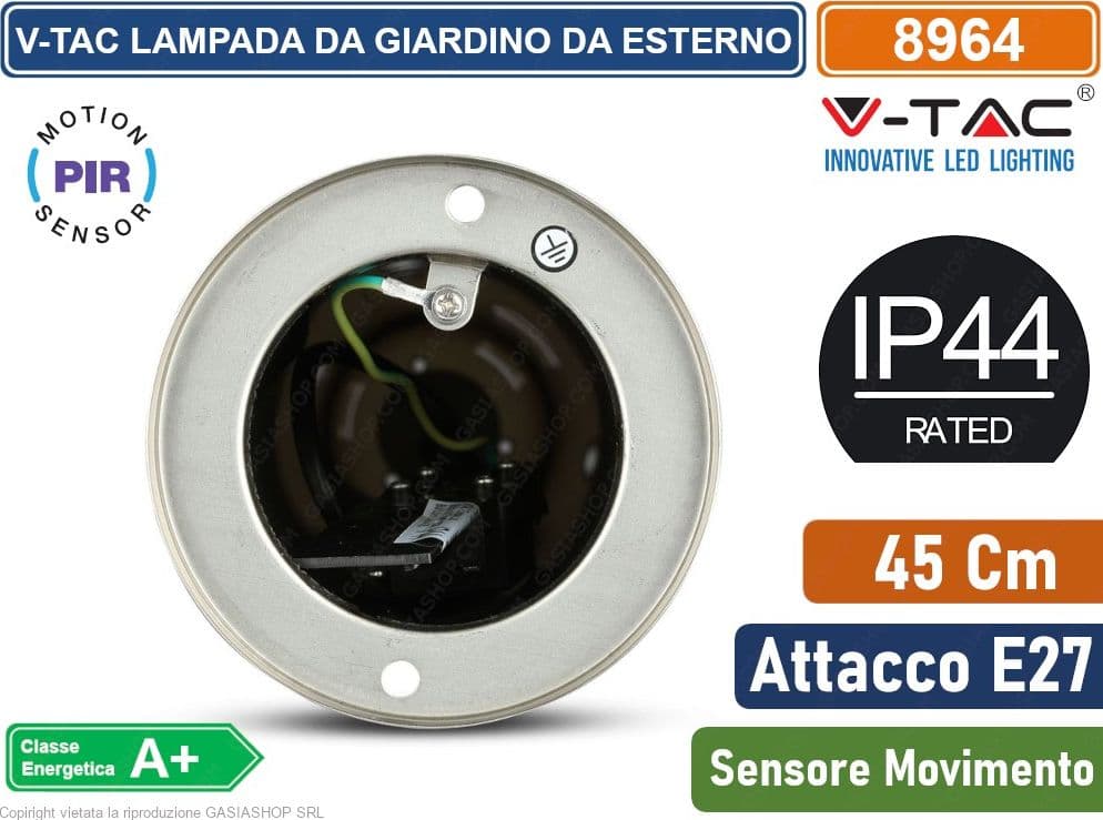 V-TAC VT-838 LAMPIONE PORTALAMPADA DA GIARDINO PER LAMPADINE E27 FISSAGGIO A TERRA E SENSORE DI MOVIMENTO IP44 45CM - SKU 8964 - 2